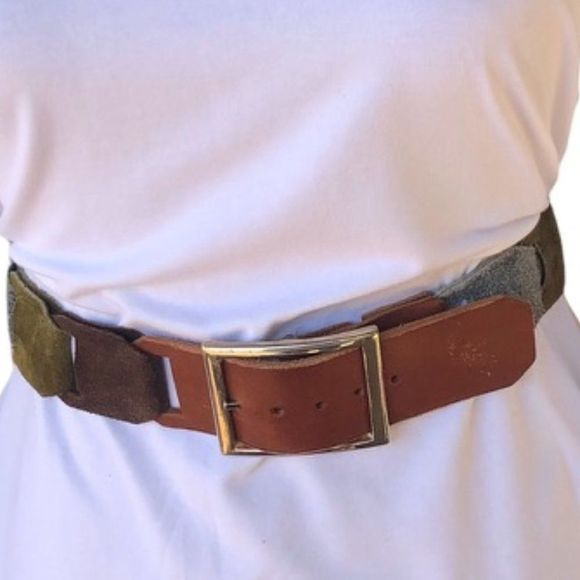 Vintage Boho Hippie Suede Leather Patchwork Block Interlocking Belt Gold Buckle main image 15
